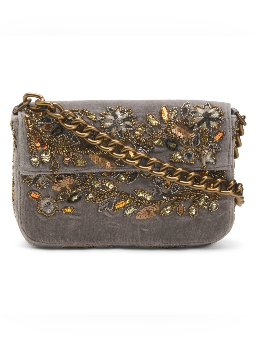 Embellished Gray Suede Shoulder Bag with Antique-Gold Chain